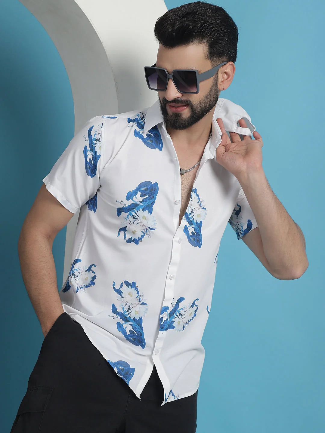 Blue Floral Printed Cotton Shirt - Casual Mens Shirt