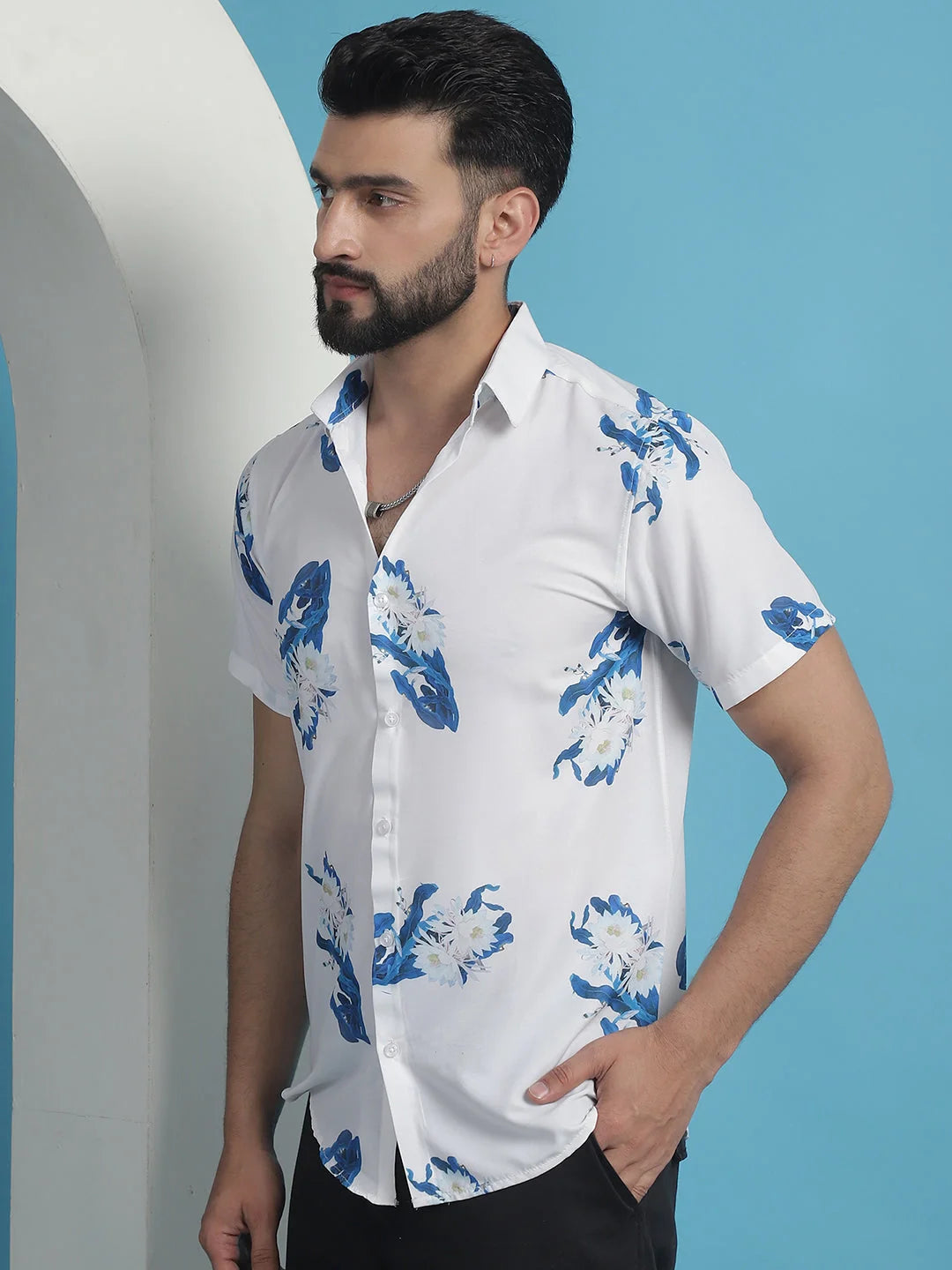 Blue Floral Printed Cotton Shirt - Casual Mens Shirt