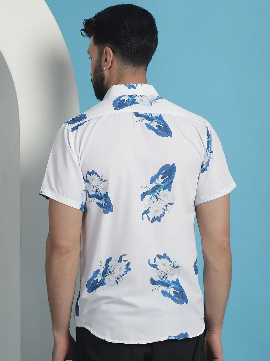 Blue Floral Printed Cotton Shirt - Casual Mens Shirt