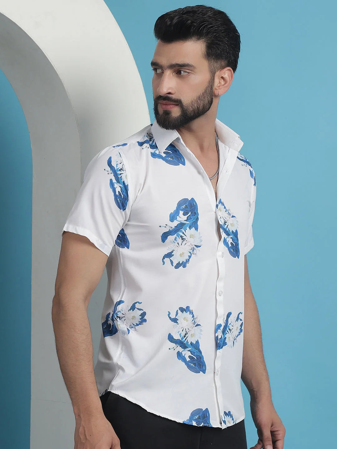Blue Floral Printed Cotton Shirt - Casual Mens Shirt