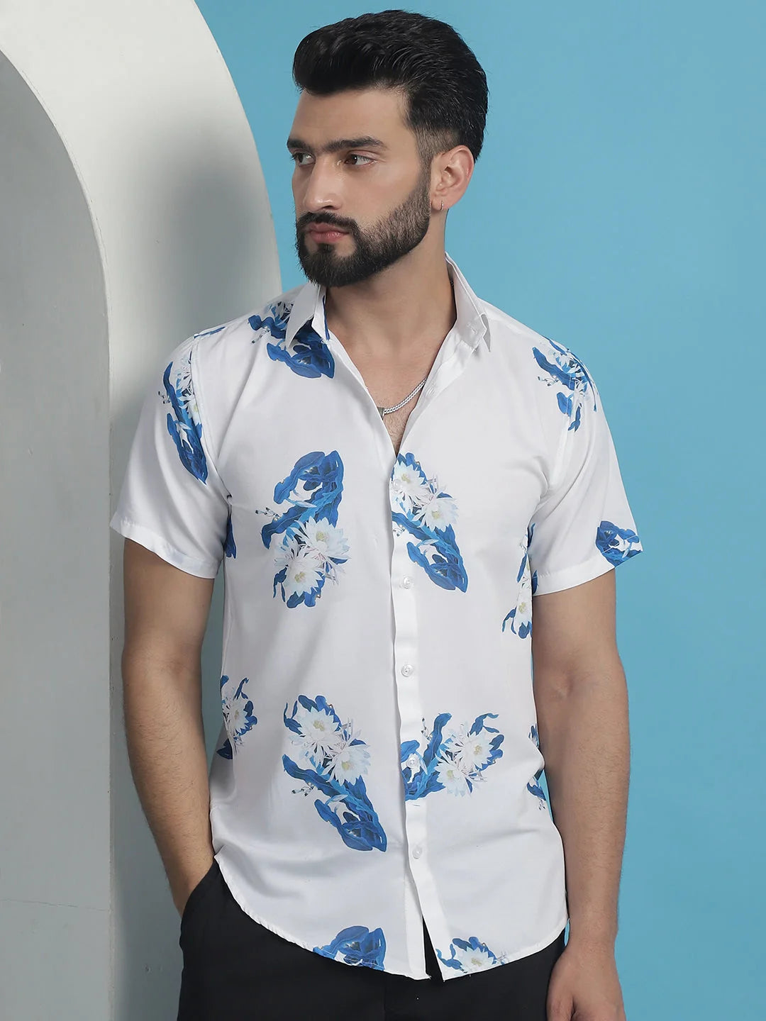 Blue Floral Printed Cotton Shirt - Casual Mens Shirt