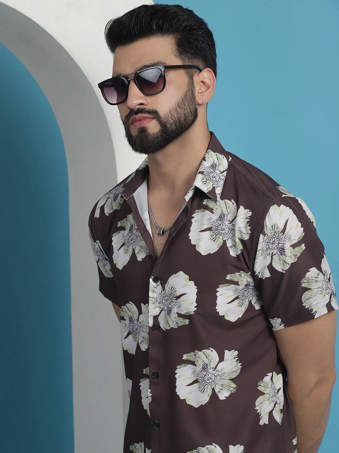 Brown Floral Printed Cotton Mens Shirt | Casual Style