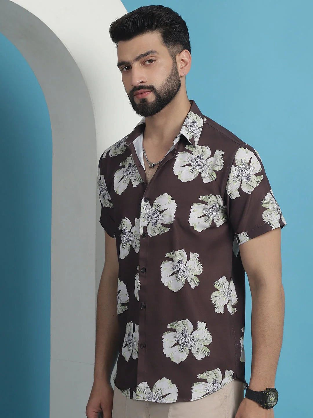 Brown Floral Printed Cotton Mens Shirt | Casual Style