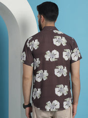 Brown Floral Printed Cotton Casual Shirt-SF-934Brown