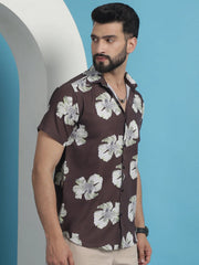 Brown Floral Printed Cotton Casual Shirt-SF-934Brown