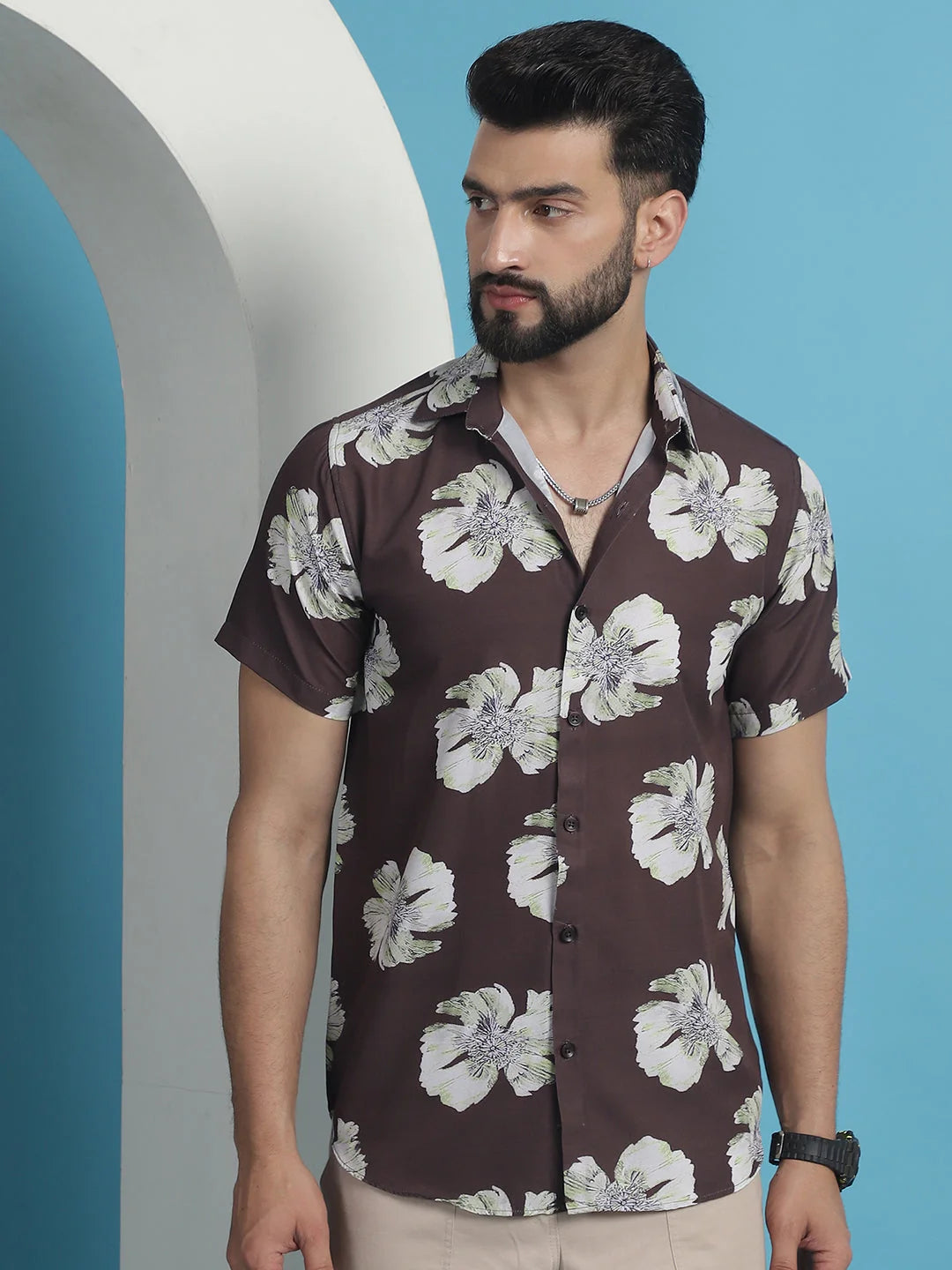 Brown Floral Printed Cotton Mens Shirt | Casual Style