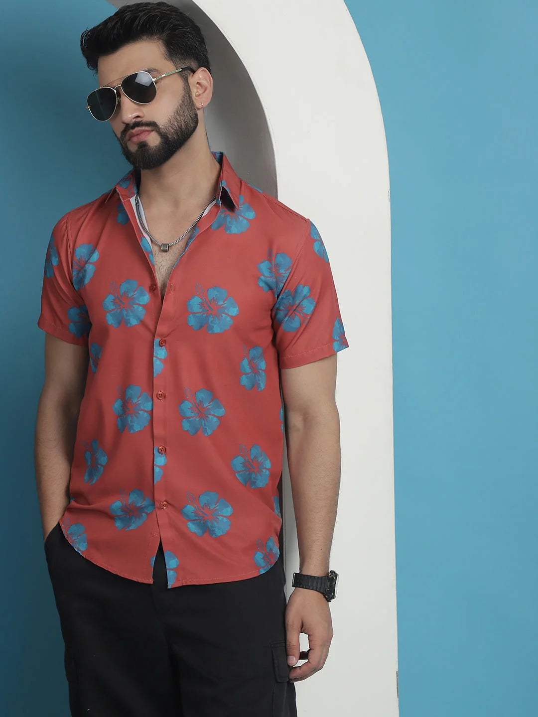 Red Floral Printed Cotton Mens Shirt | Casual Style