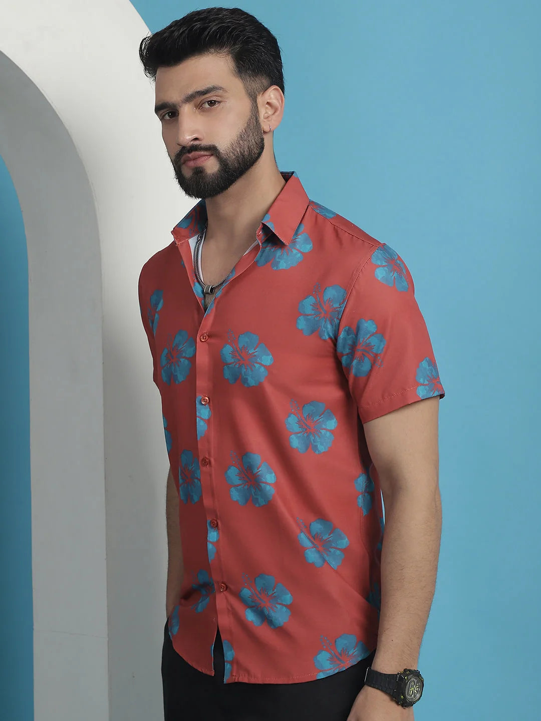 Red Floral Printed Cotton Mens Shirt | Casual Style