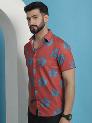 Red Floral Printed Cotton Casual Shirt-SF-934Coral