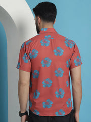 Red Floral Printed Cotton Casual Shirt-SF-934Coral