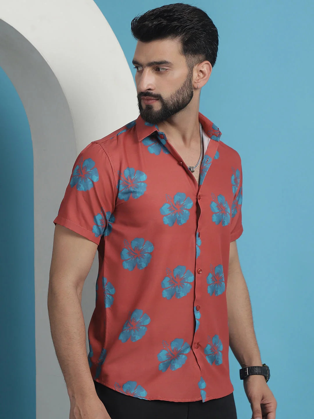 Red Floral Printed Cotton Mens Shirt | Casual Style