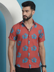 Red Floral Printed Cotton Casual Shirt-SF-934Coral