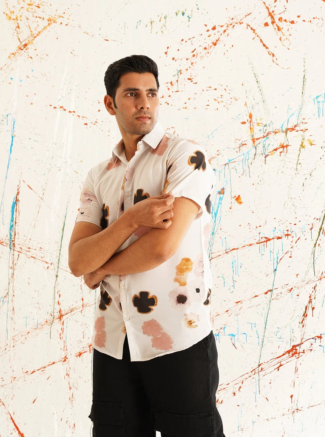 Classic Peach Floral Printed Spread Collar Cotton Curved Casual Shirt-SF-934Peach