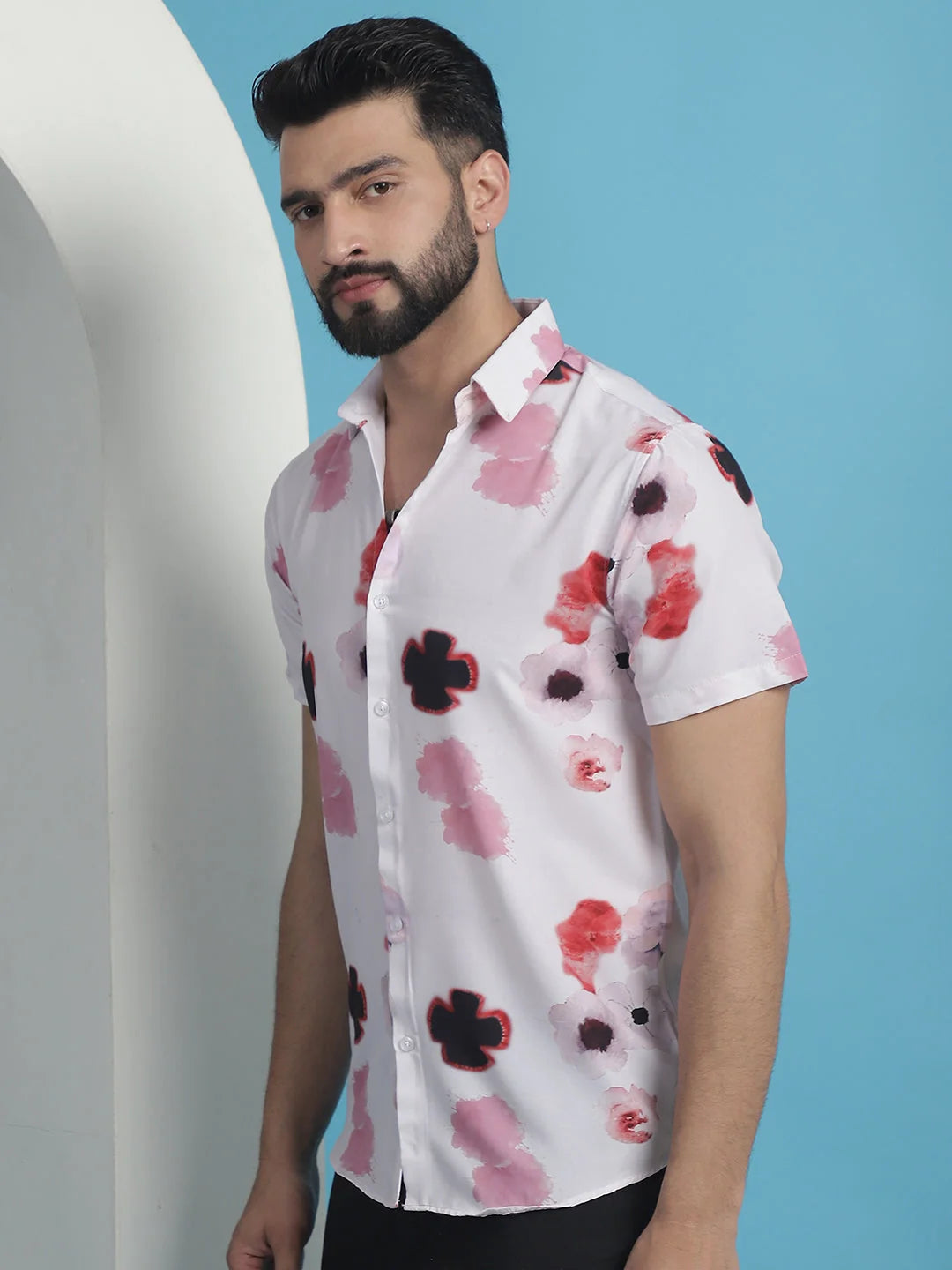 Pink Floral Printed Cotton Mens Shirt | Casual Style