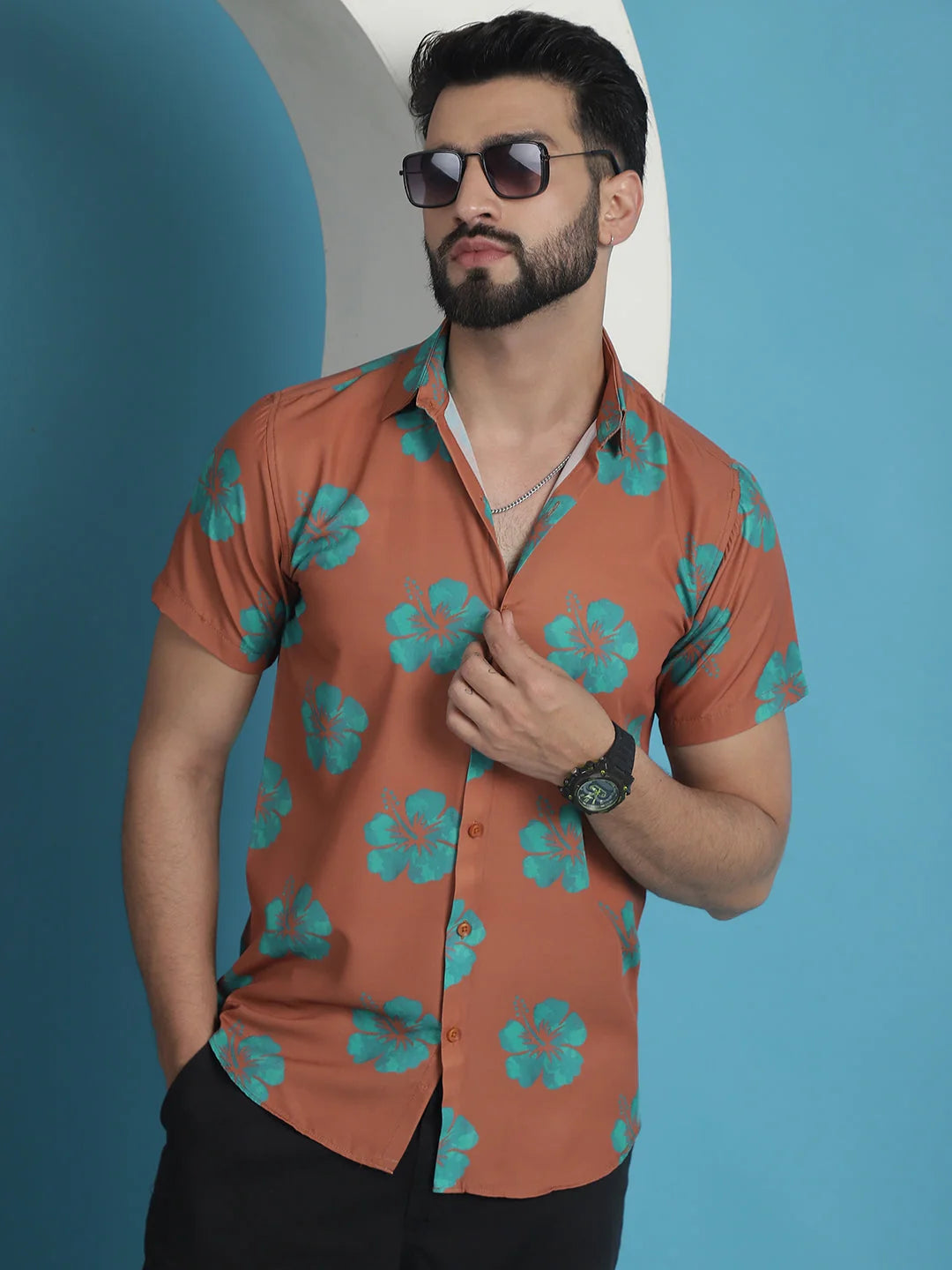 Rust Floral Printed Cotton Casual Shirt-SF-934Rust