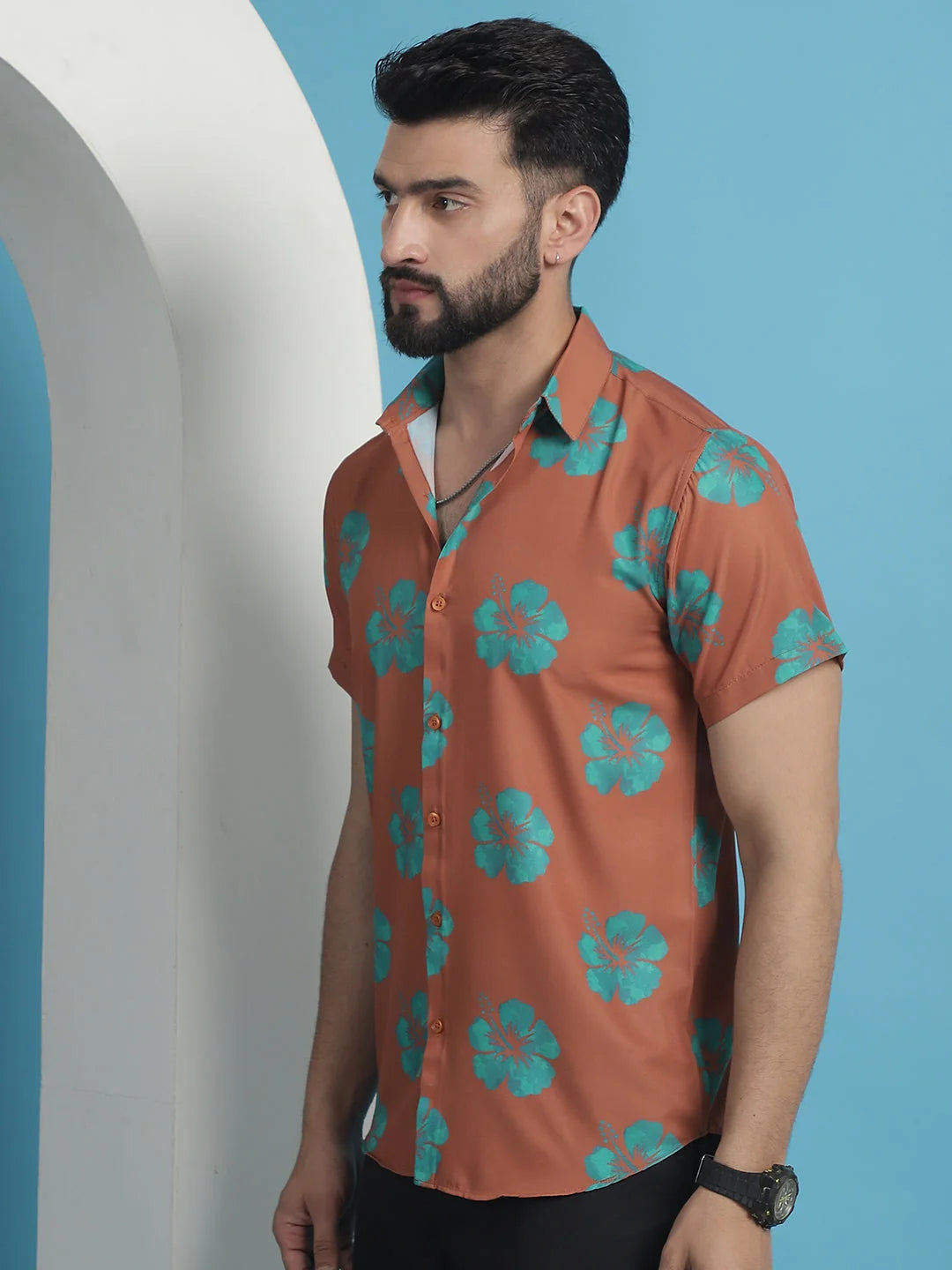 Rust Floral Printed Cotton Mens Shirt | Casual Style