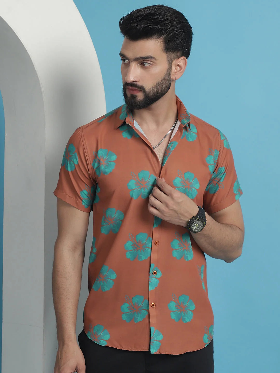 Rust Floral Printed Cotton Mens Shirt | Casual Style