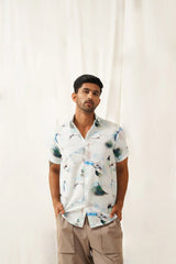 Classic Blue Floral Printed Spread Collar Cotton Curved Casual Shirt-SF-934Sky