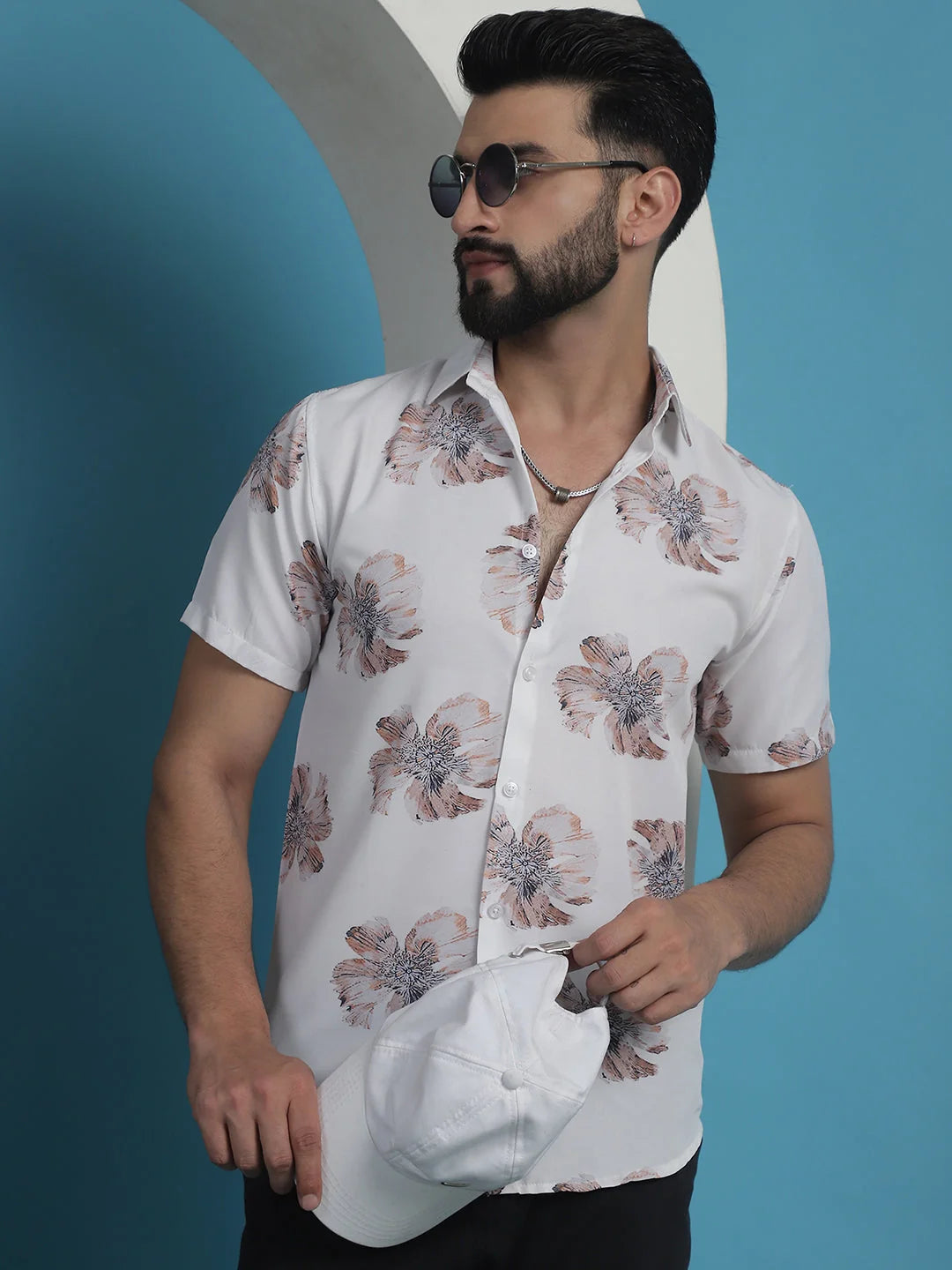 White Floral Printed Cotton Mens Shirt | Casual Style