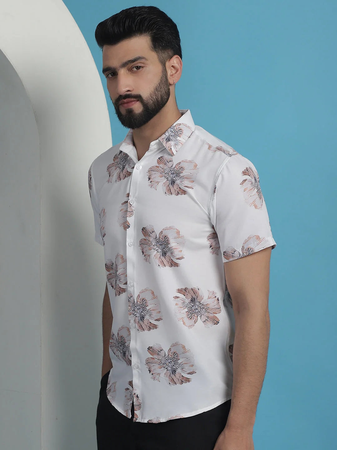 White Floral Printed Cotton Mens Shirt | Casual Style