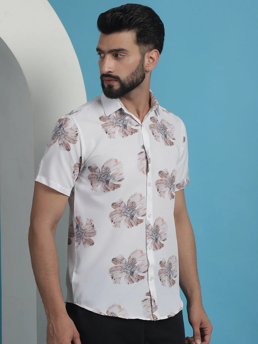 White Floral Printed Cotton Mens Shirt | Casual Style