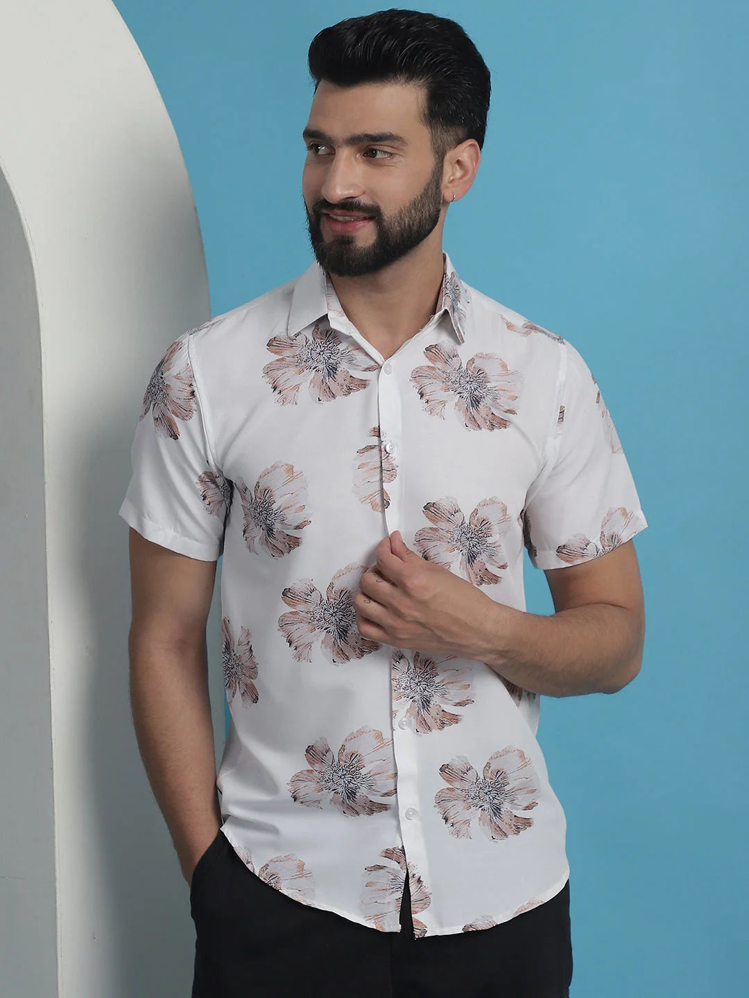 White Floral Printed Cotton Mens Shirt | Casual Style