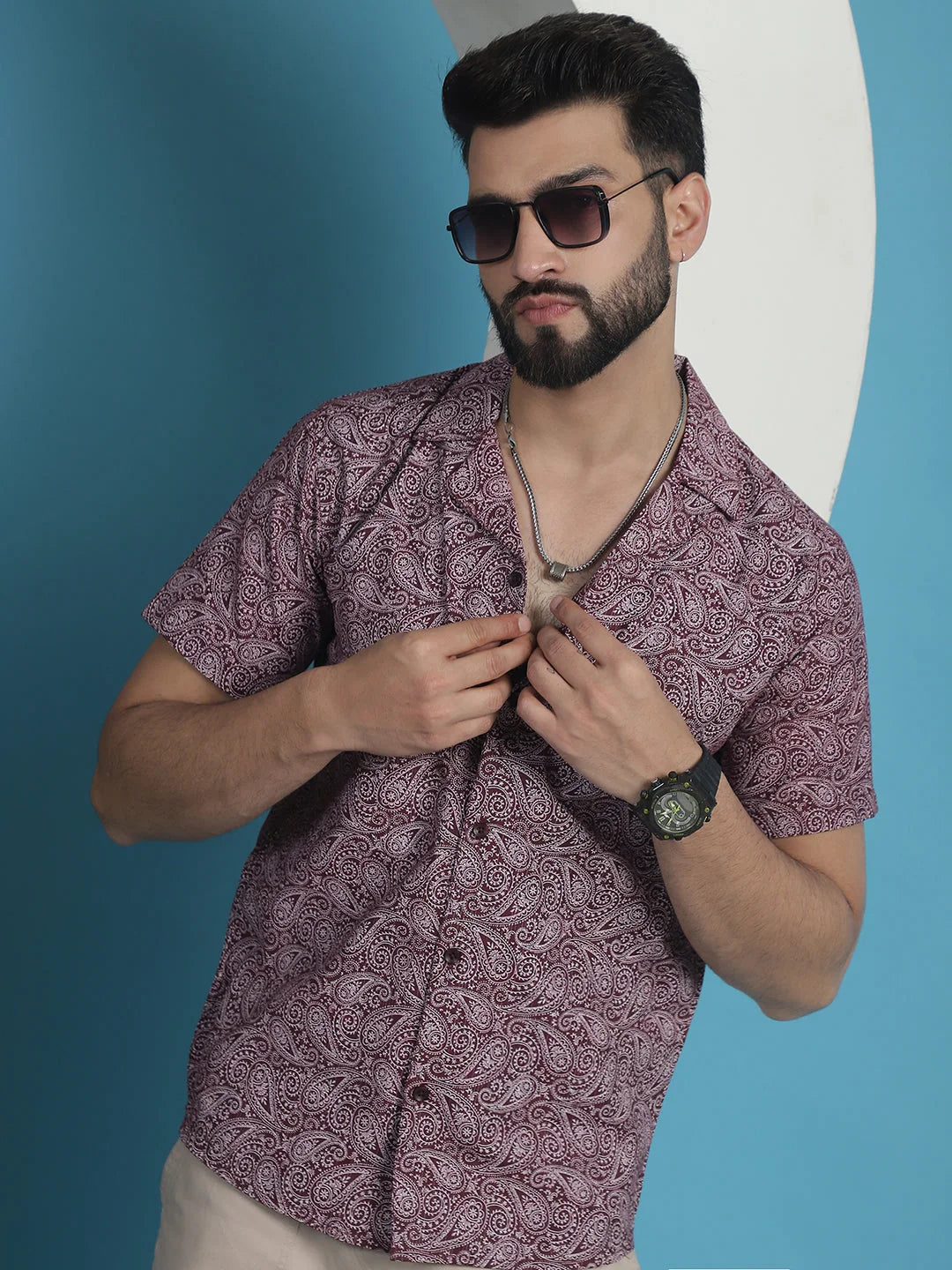 Maroon Paisley Cotton Shirt | Printed Beach Shirts for Men
