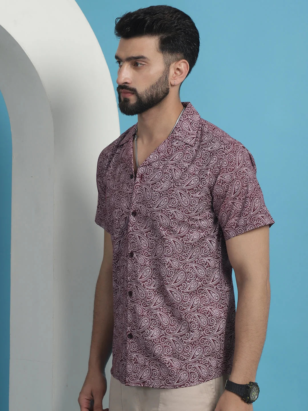 Maroon Paisley Cotton Shirt | Printed Beach Shirts for Men