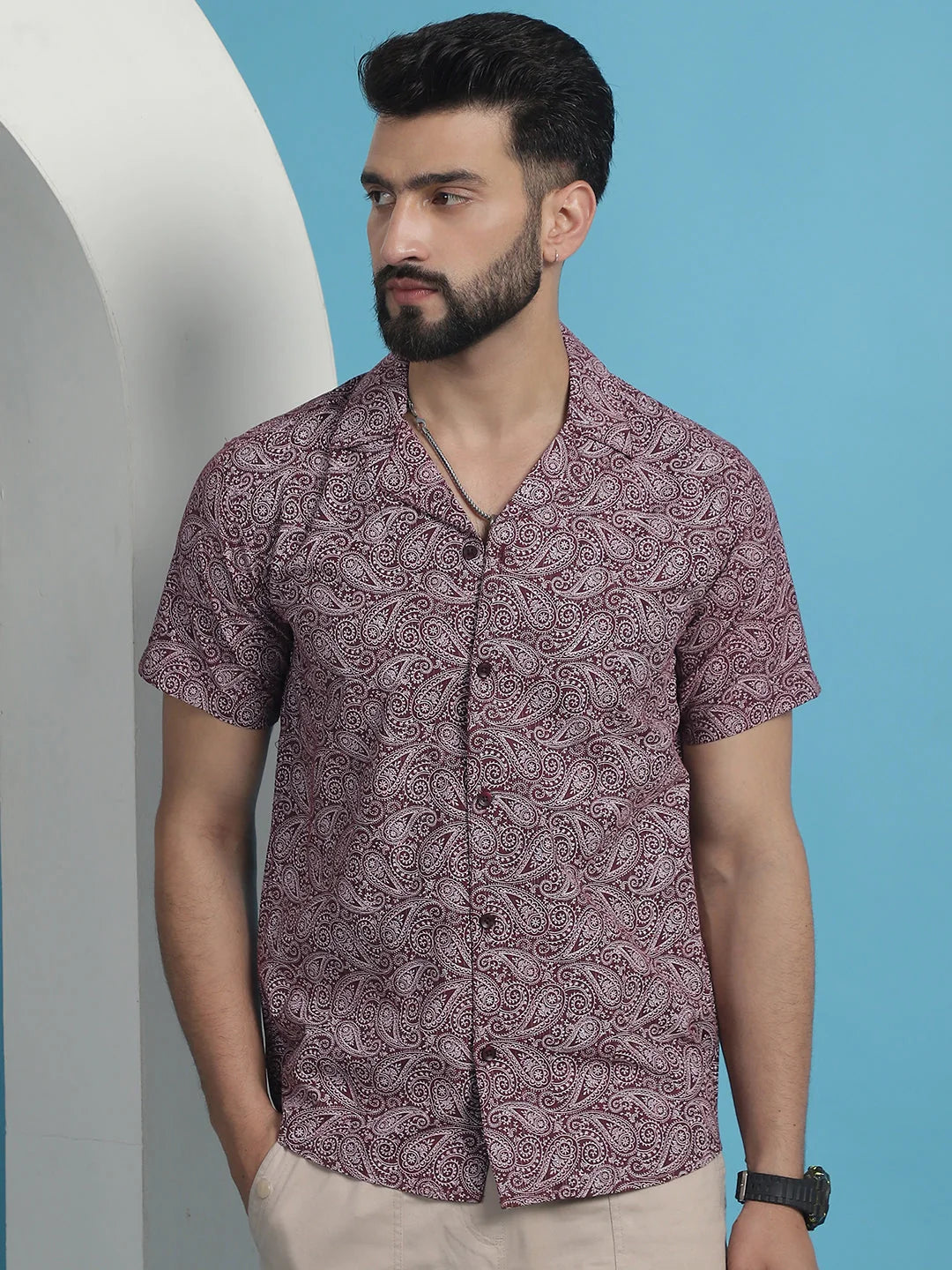 Maroon Paisley Cotton Shirt | Printed Beach Shirts for Men