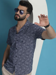 Navy Blue Paisley Printed Cotton Casual Shirt-SF-935Navy