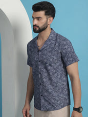 Navy Blue Paisley Printed Cotton Casual Shirt-SF-935Navy
