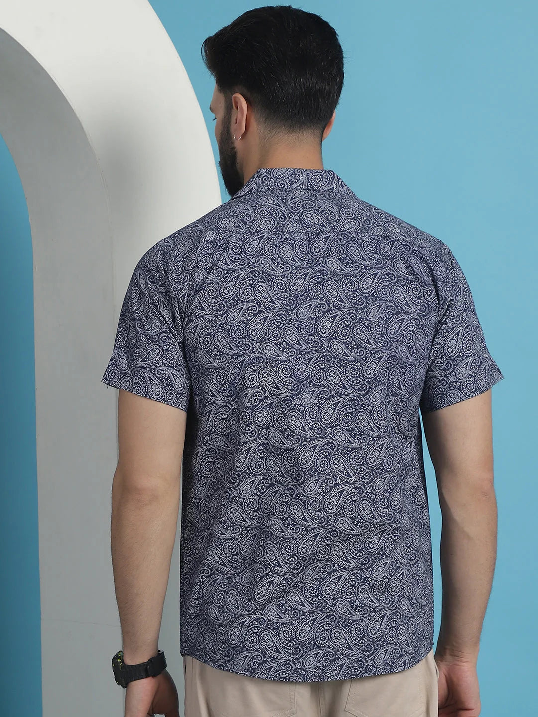 Navy Paisley Printed Cotton Shirt | Short Sleeve Mens Shirt