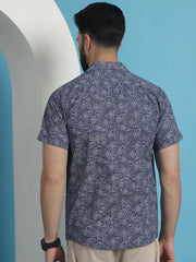 Navy Blue Paisley Printed Cotton Casual Shirt-SF-935Navy