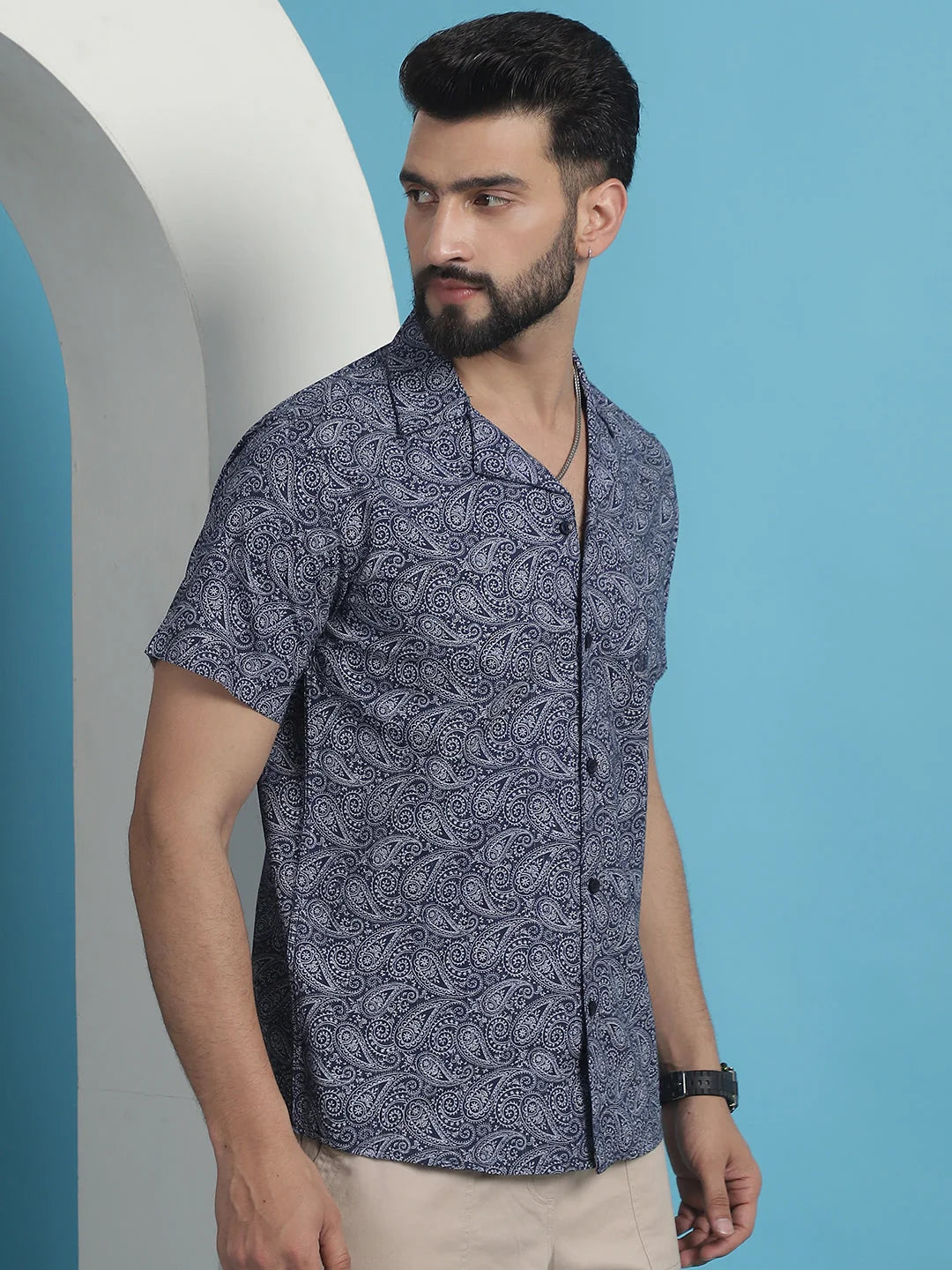 Navy Paisley Printed Cotton Shirt | Short Sleeve Mens Shirt