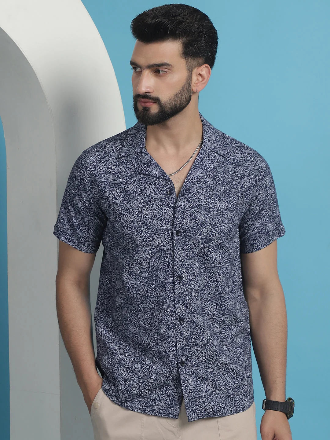 Navy Paisley Printed Cotton Shirt | Short Sleeve Mens Shirt