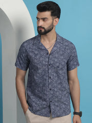 Navy Blue Paisley Printed Cotton Casual Shirt-SF-935Navy
