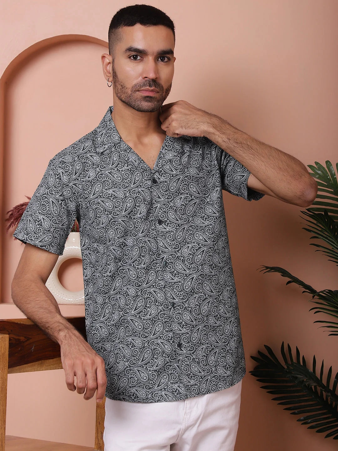Olive Green Paisley Printed Cotton Casual Shirt-SF-935Olive