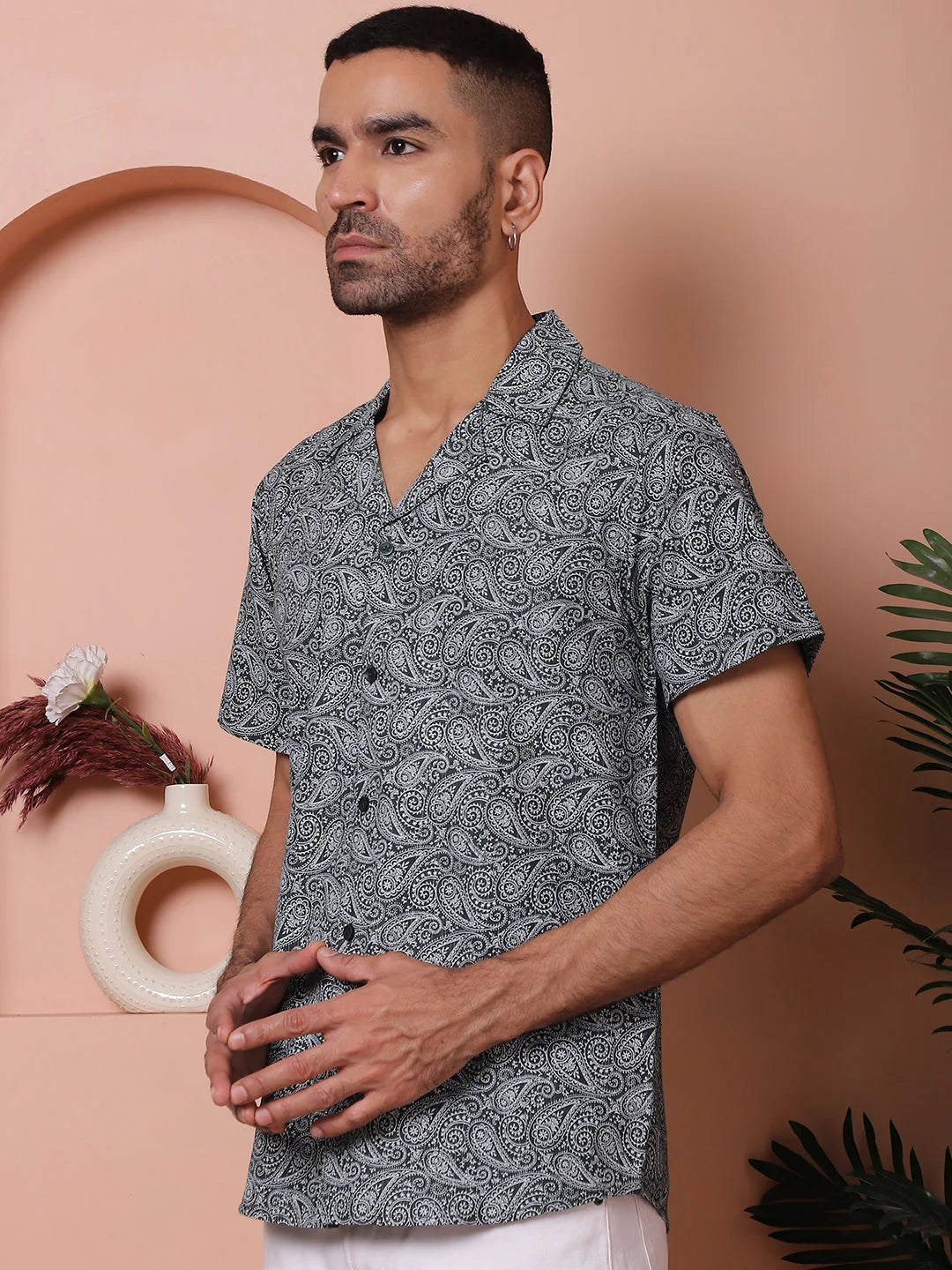 Olive Green Printed Cotton Shirt | Short Sleeve Mens Shirt