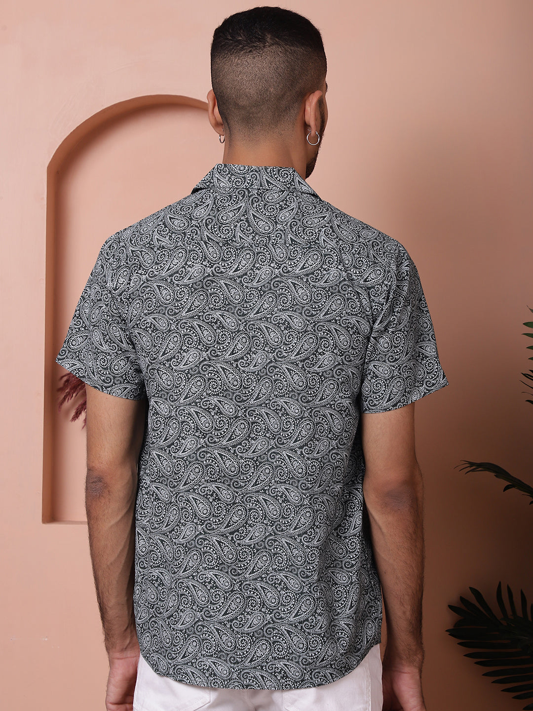Olive Green Printed Cotton Shirt | Short Sleeve Mens Shirt