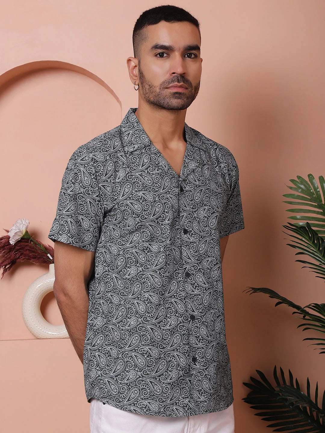 Olive Green Printed Cotton Shirt | Short Sleeve Mens Shirt
