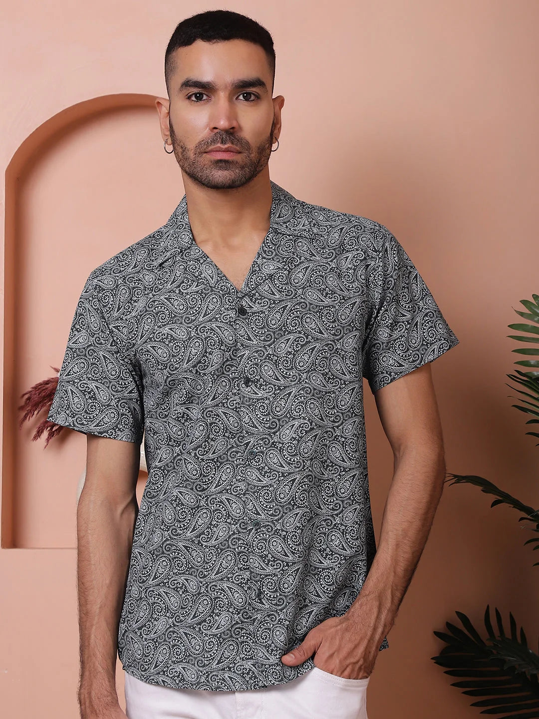 Olive Green Printed Cotton Shirt | Short Sleeve Mens Shirt