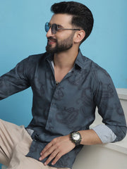 Grey Floral Printed Cotton Casual Shirt-SF-936Grey