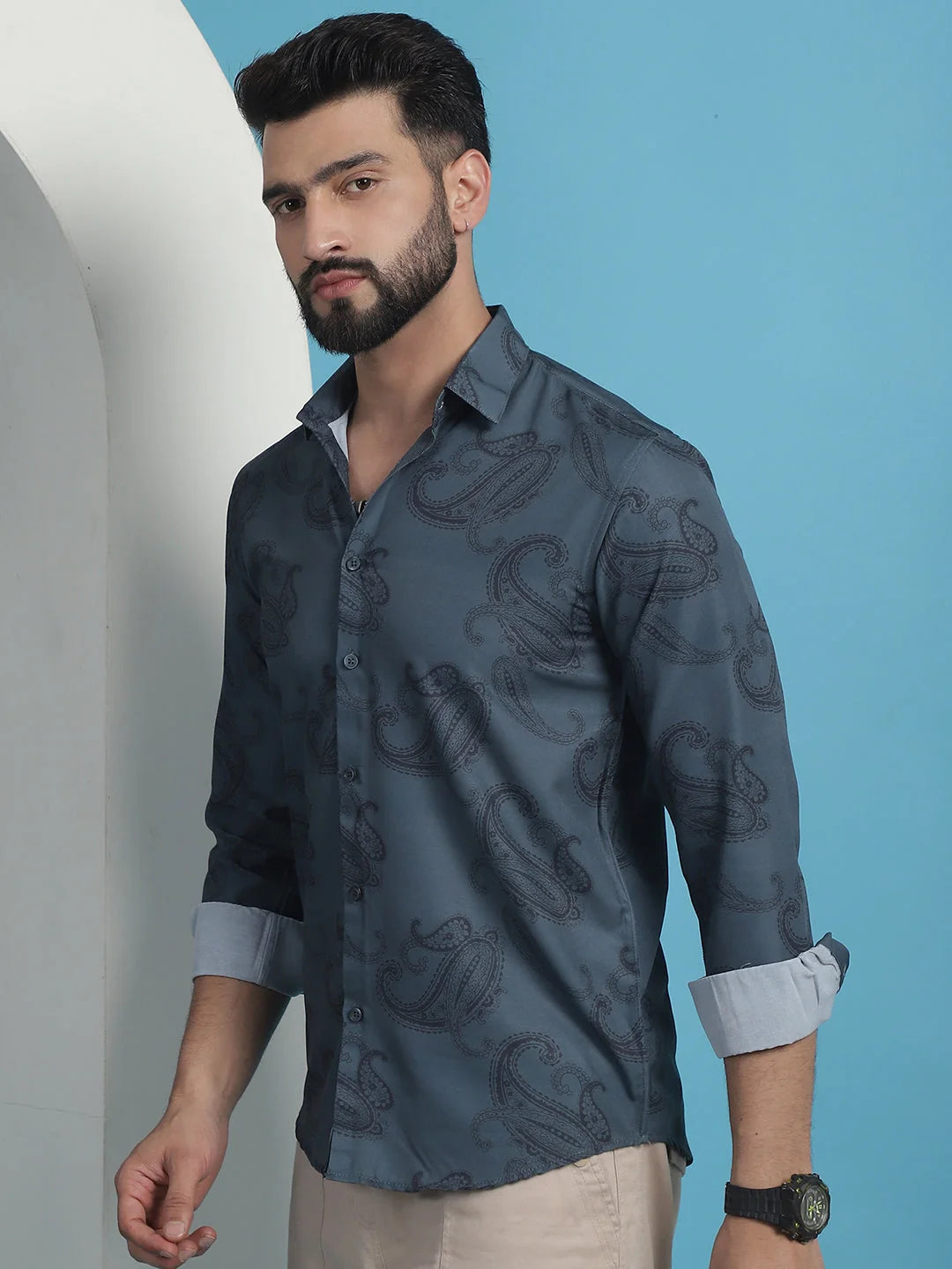 Grey Floral Printed Cotton Shirt | Long Sleeve Mens Shirt
