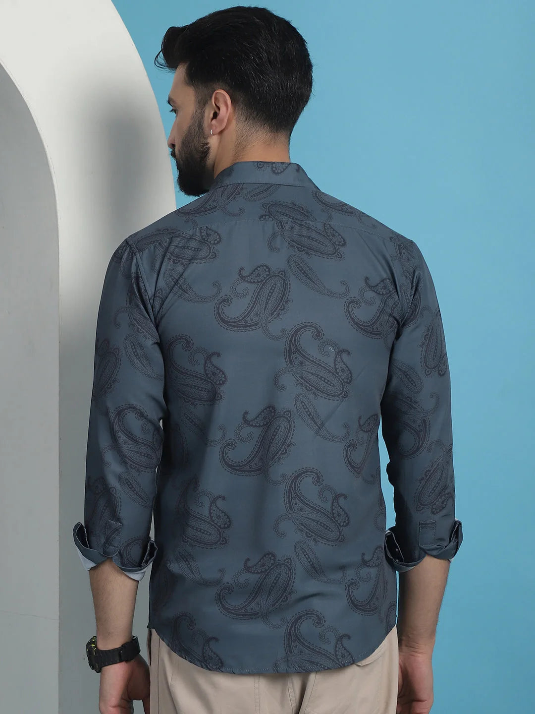 Grey Floral Printed Cotton Shirt | Long Sleeve Mens Shirt