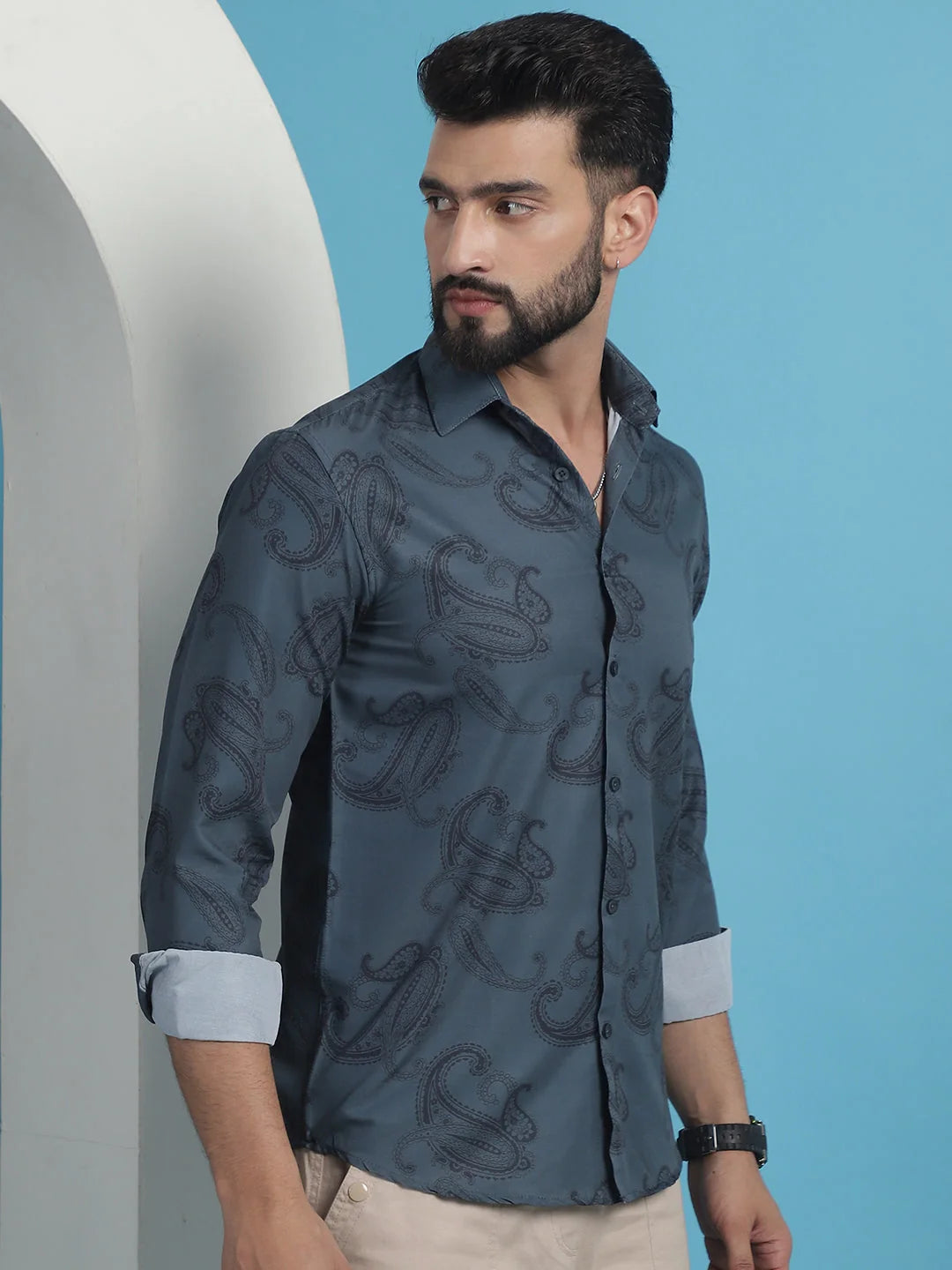 Grey Floral Printed Cotton Shirt | Long Sleeve Mens Shirt