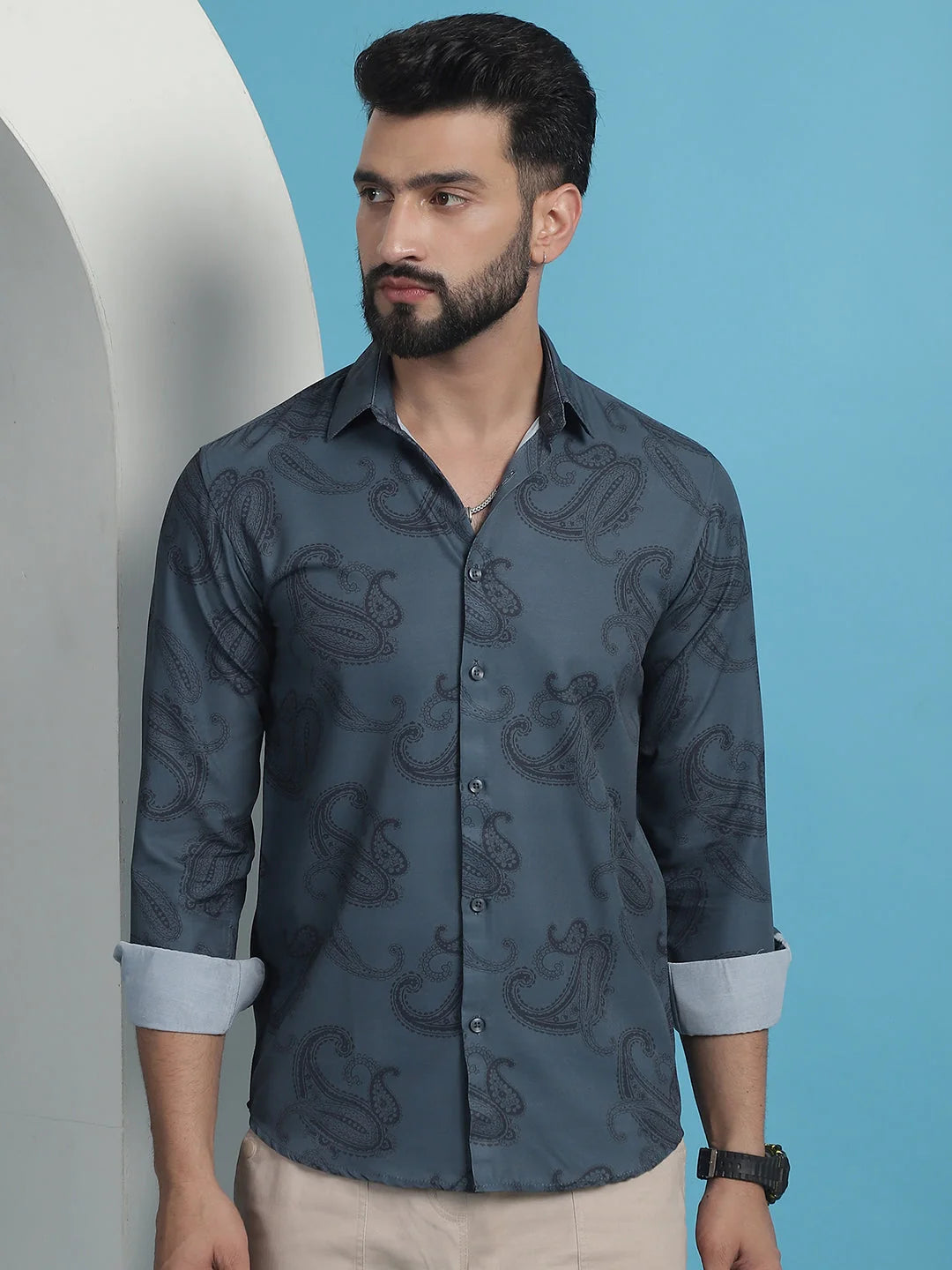 Grey Floral Printed Cotton Shirt | Long Sleeve Mens Shirt