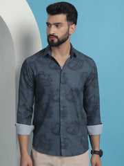 Grey Floral Printed Cotton Casual Shirt-SF-936Grey
