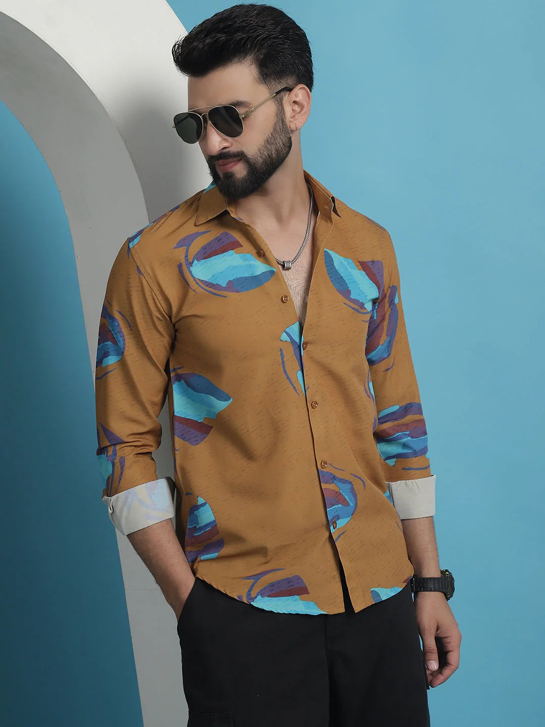 Mustard Floral Cotton Shirt | Stylish Printed Mens Shirt