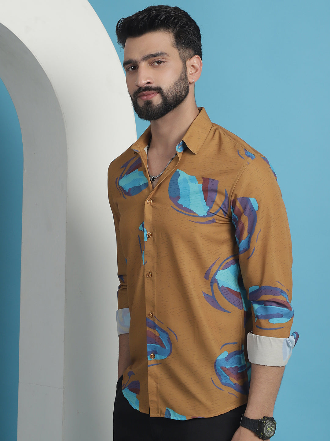 Mustard Floral Cotton Shirt | Stylish Printed Mens Shirt