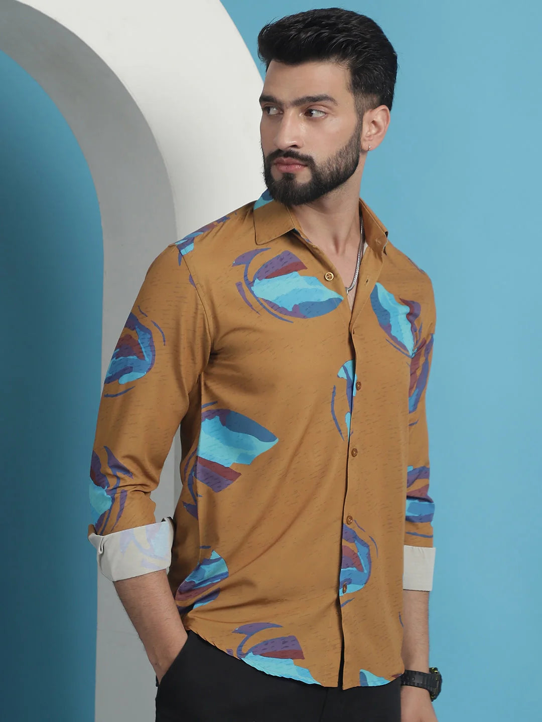 Mustard Floral Cotton Shirt | Stylish Printed Mens Shirt